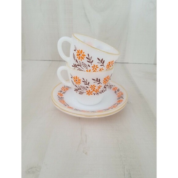 Vintage Crisa 2 Cups and Saucers set of 4 Brown leaves Orange flowers - Picture 1 of 4